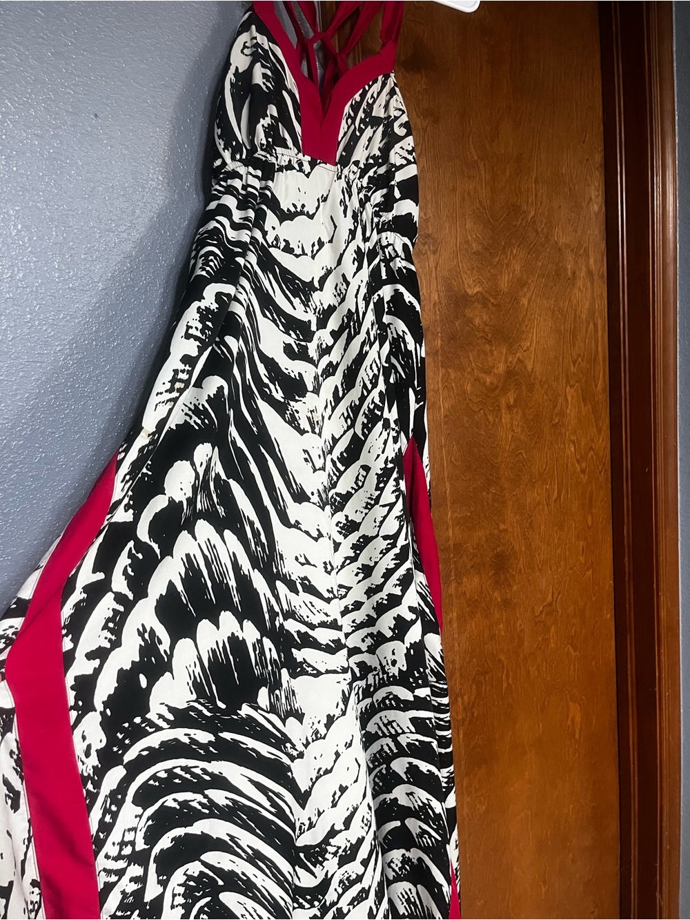 Express Women’s Black & White Printed Maxi Dress with Pink/red Accents